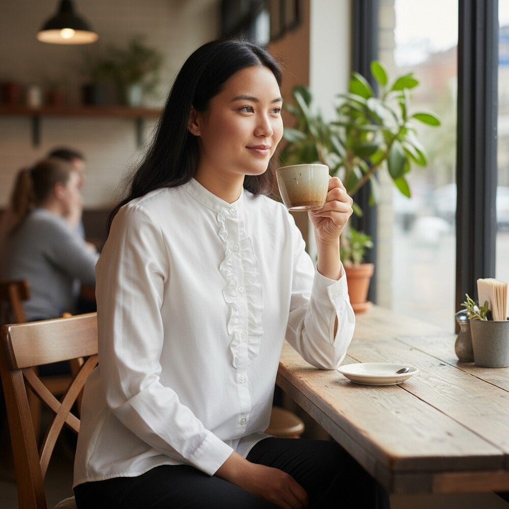 Land's End Petite Ruffled Round Neck Blouse White Size 12P